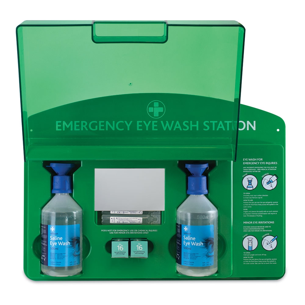 EMERGENCY EYE WASH STATION COMPLETE WITH 20ML PODS/500ML BOTTLES/EYE PADS/MIRROR
