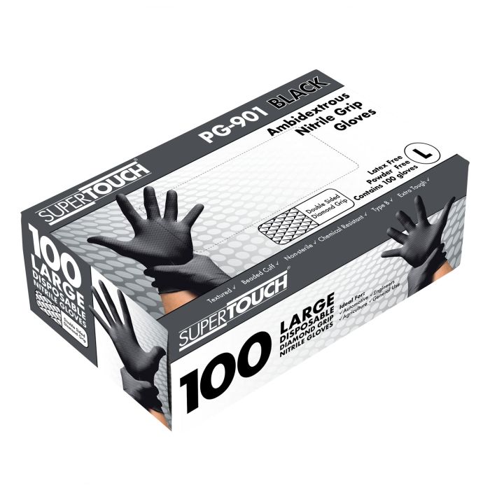 Supertouch Black Disposable Nitrile Diamond-grip Gloves (100pk)